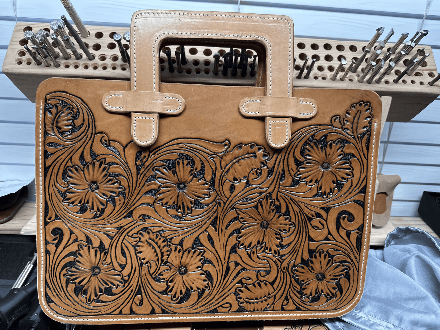 custom leather briefcase hand tooled floral western design EJ Leather LLC