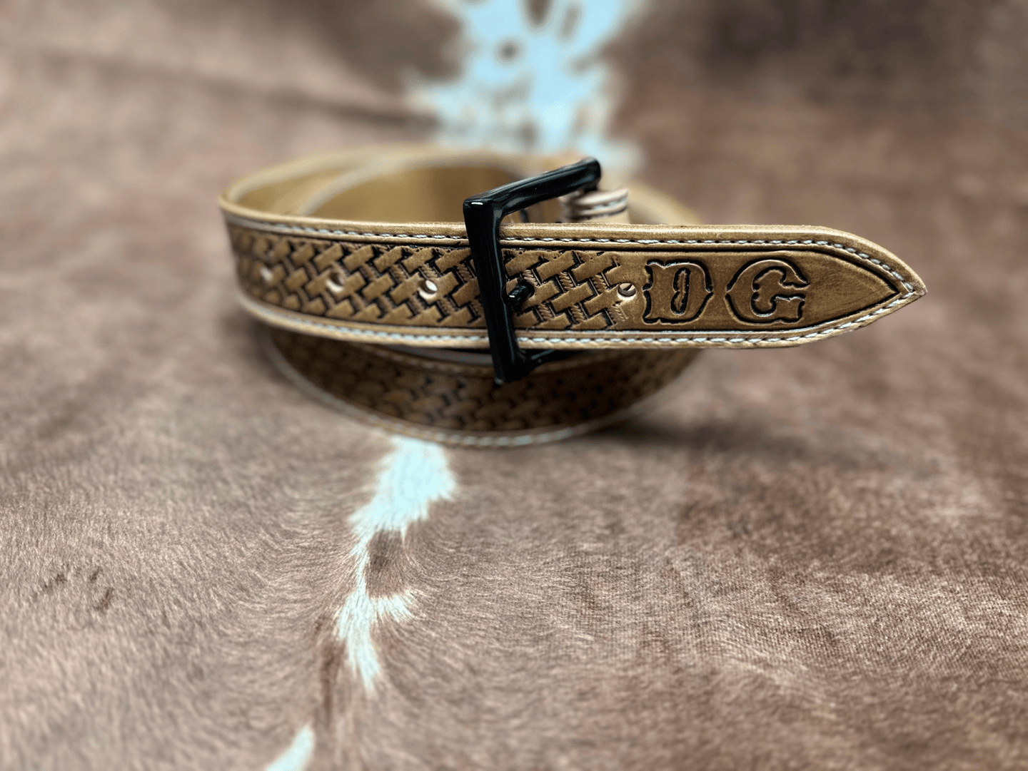 custom leather belt hand tooled basket weave western style EJ Leather LLC