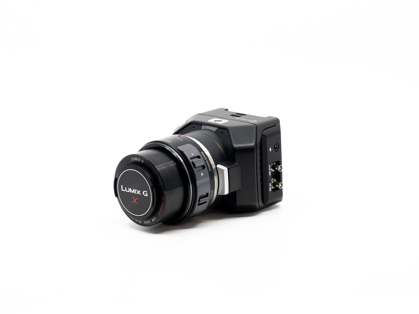 Blackmagic Micro Studio Camera 4K with a Lumix G lens for professional video production.