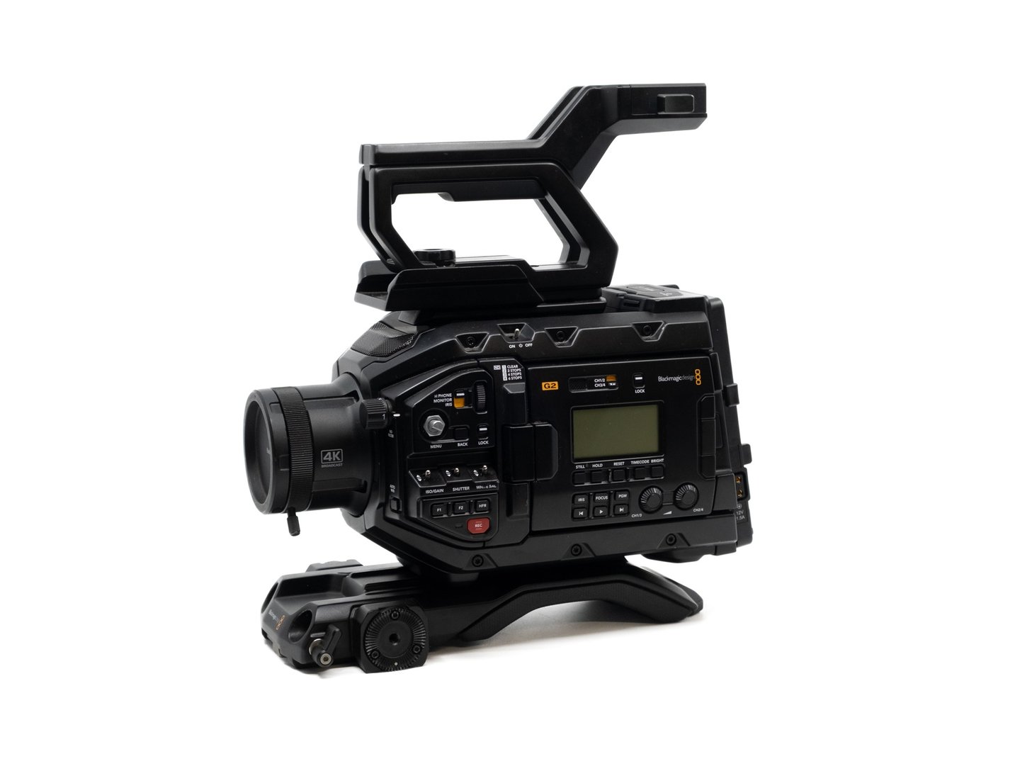 Professional Blackmagic URSA Mini Pro 4.6K digital cinema camera with top handle on white background.