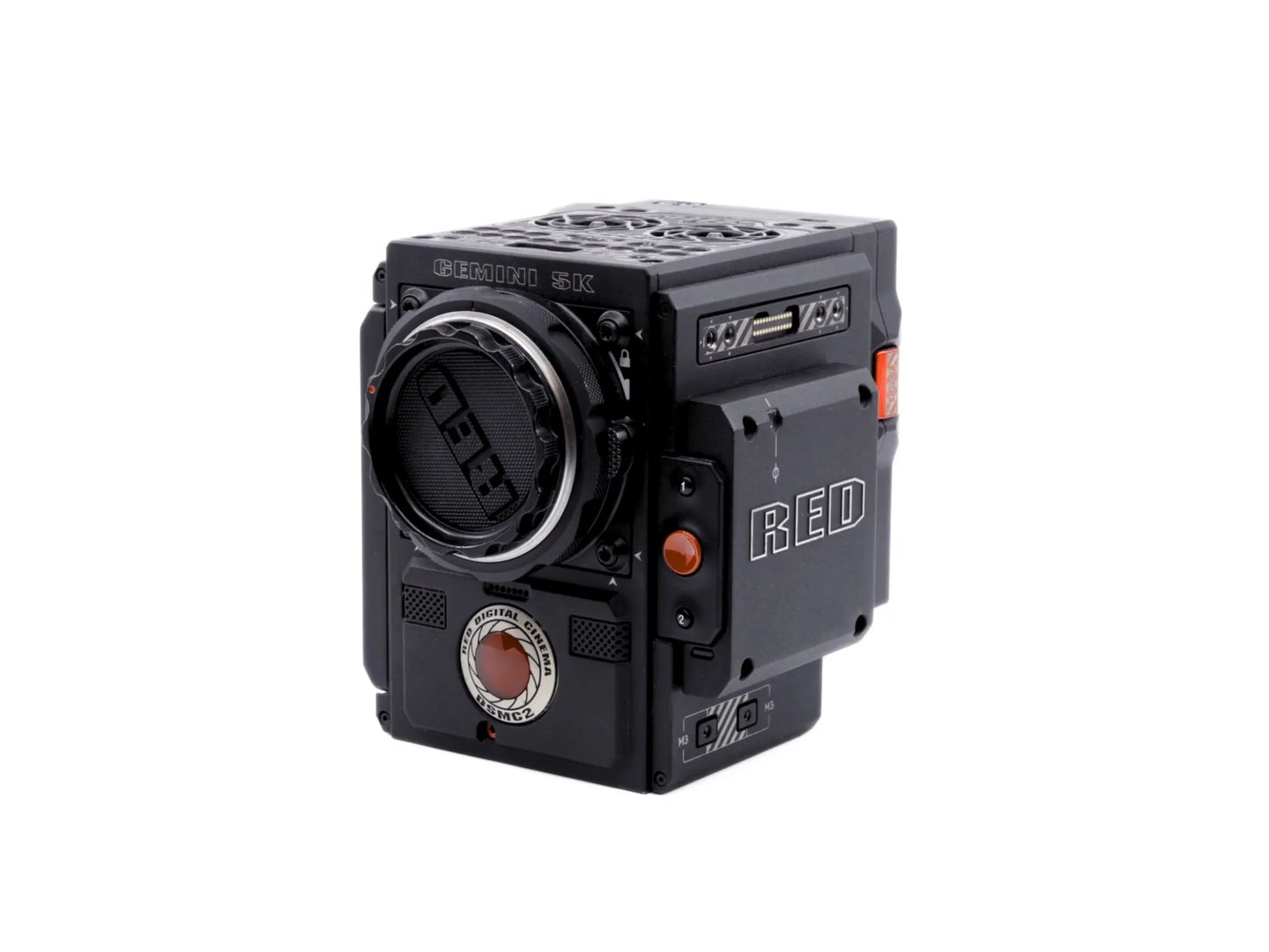 Professional RED Gemini 5K S35 digital cinema camera body isolated on a white background.