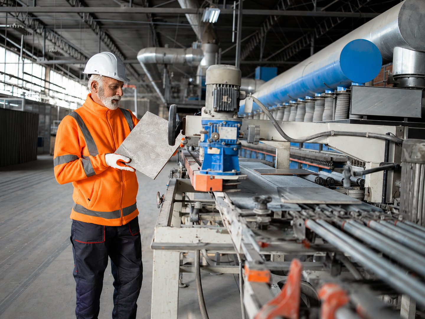 A worker in a safety vest inspects a ceramic tile on an automated factory production line.