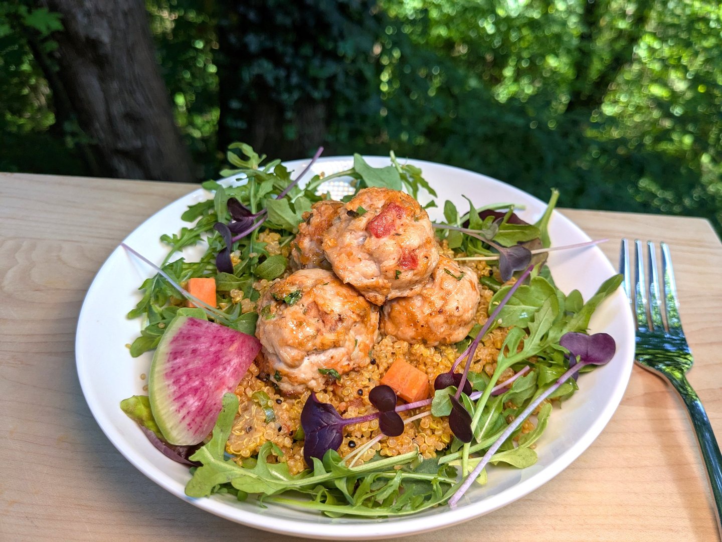 Personal chef meal: Herbed Quinoa & Microgreens Salad with Creole-Spiced turkey meatballs healthy