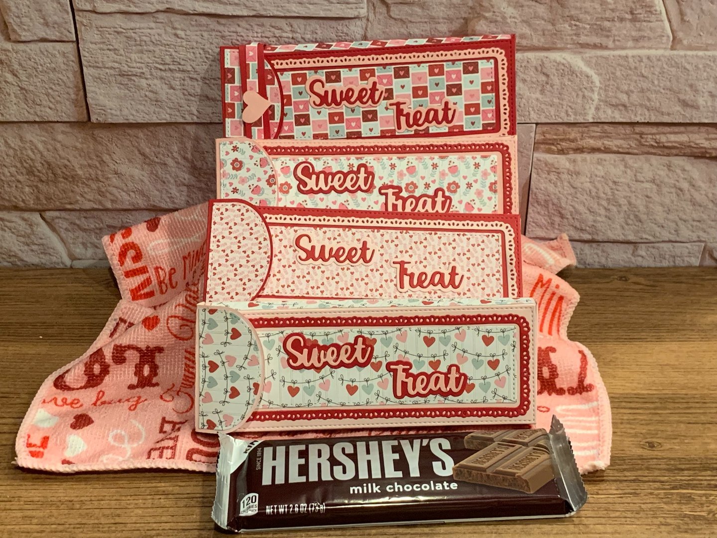 Valentine-themed chocolate bar holders made with Scrap Diva Designs dies