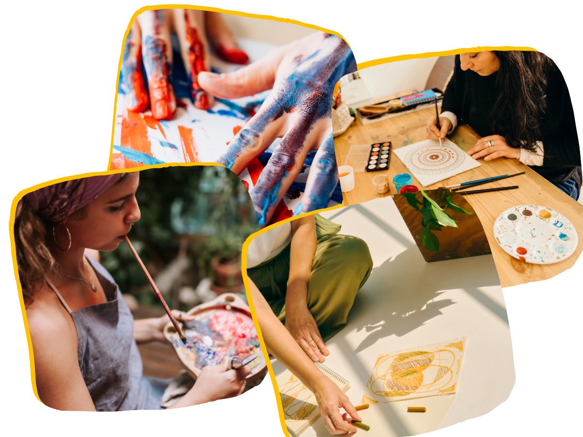 uma colagem de imagens de mulheres fazendo arte livremente com pinceis, no chão com giz