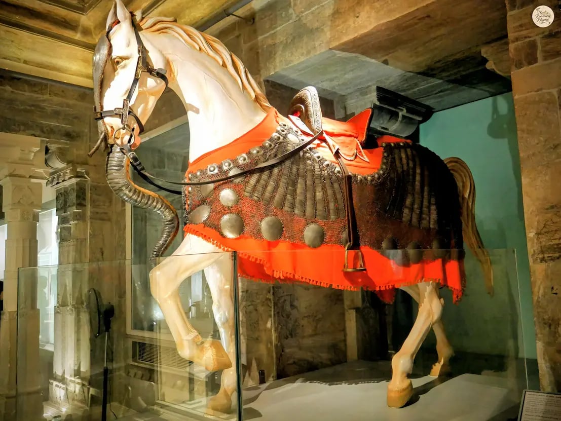 Statue of Chetak, Maharana Pratap’s loyal horse, displayed in the armoury at Udaipur City Palace.