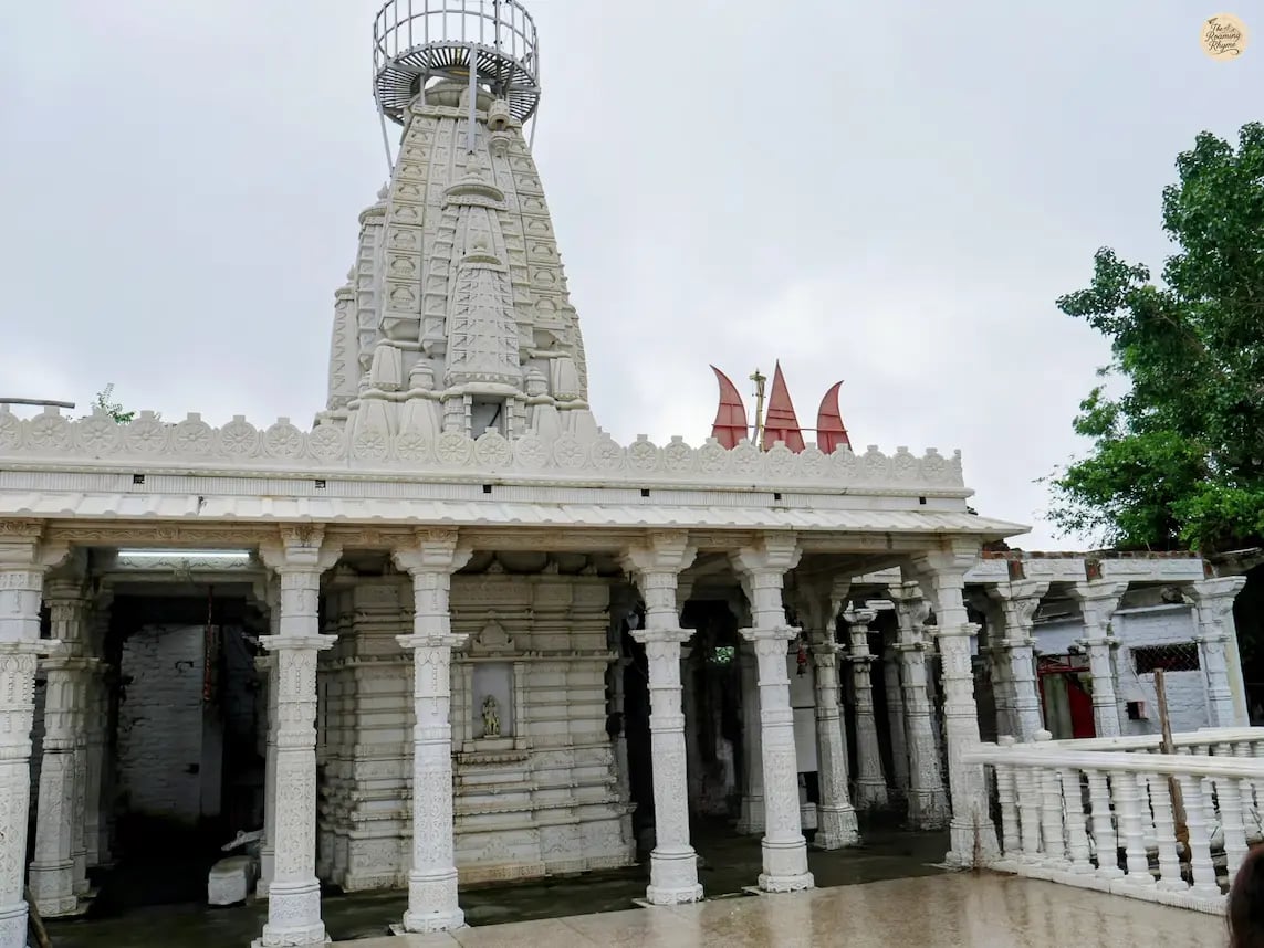 Traditional Rajasthani-style marble archway at the hilltop Karni Mata Temple overlooking Udaipur.