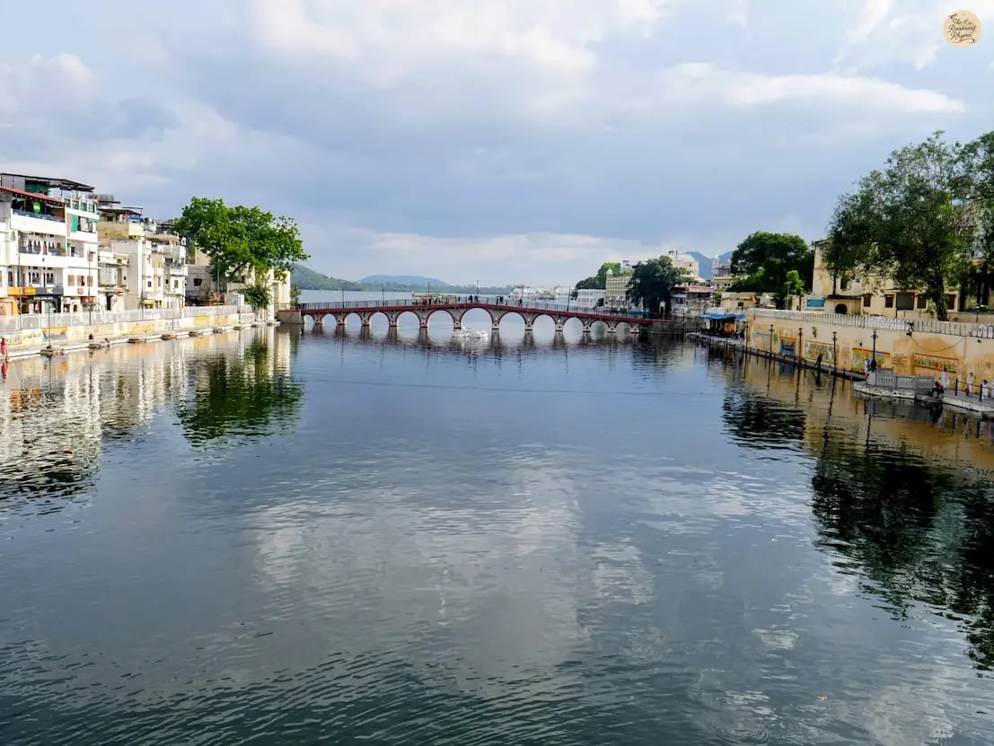 Scenic view of a historic bridge over Lake Pichhola Udaipur Rajasthan India.