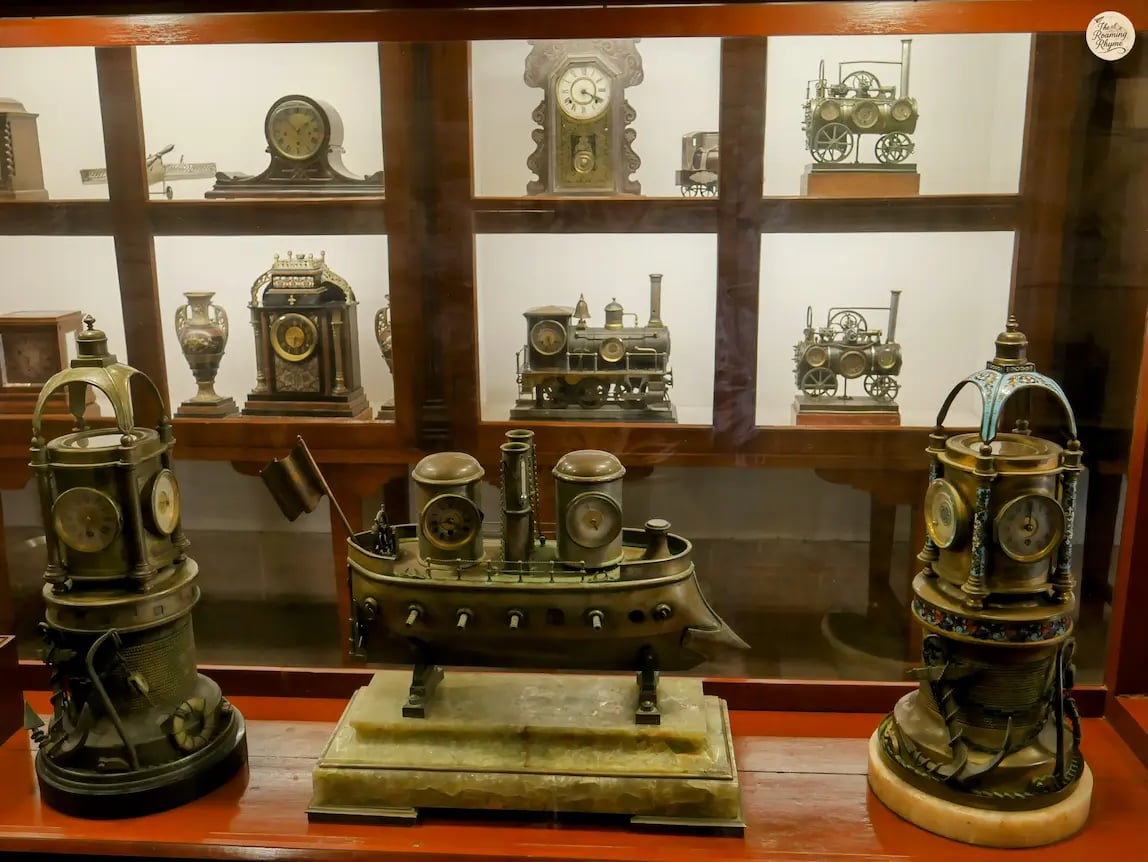 Umaid Bhawan Palace museum display of antique clocks received as royal gifts from across the world.