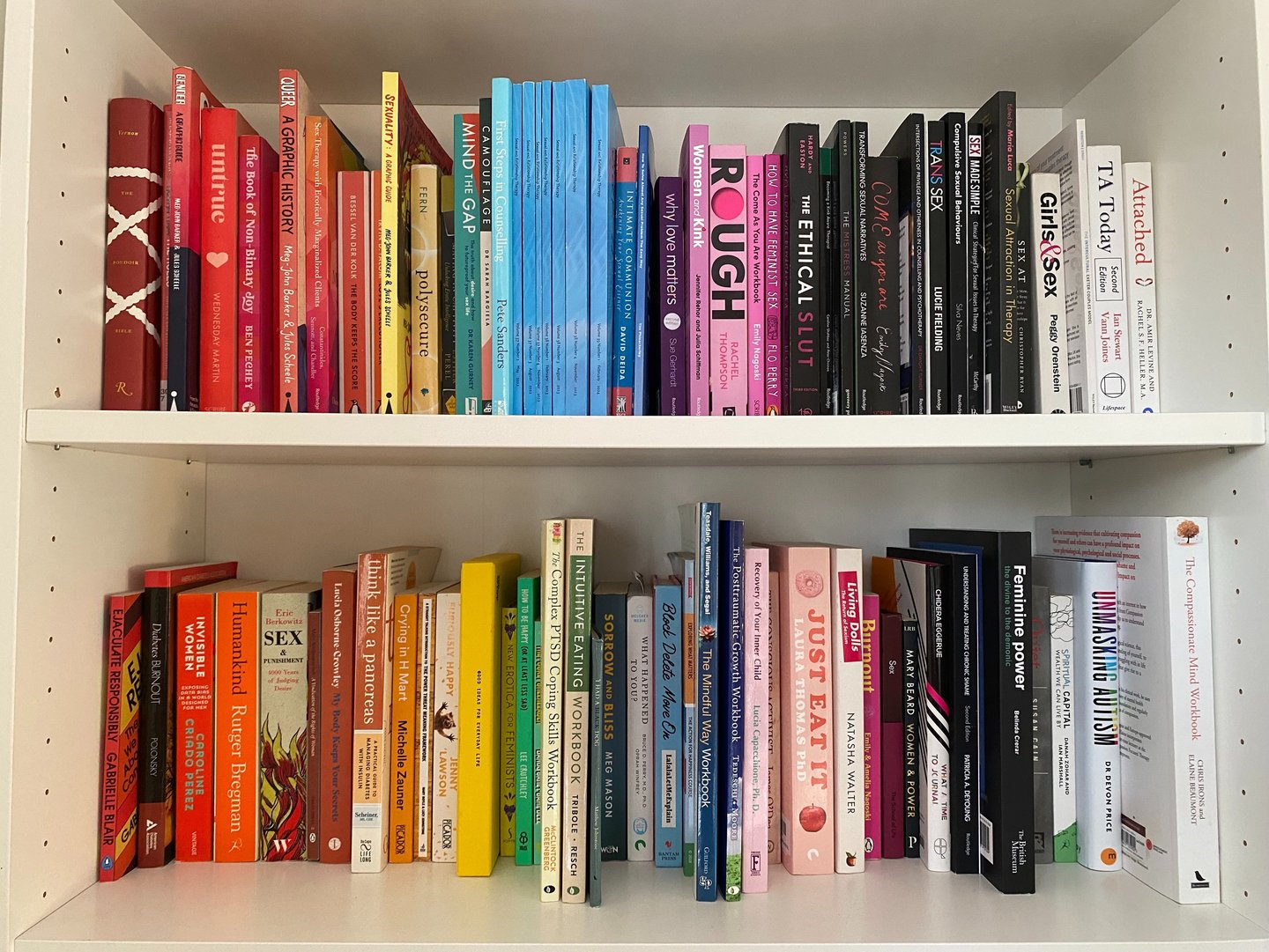 Munjeeta's bookshelf showing an array of sex and relationship related books arranged by colour.