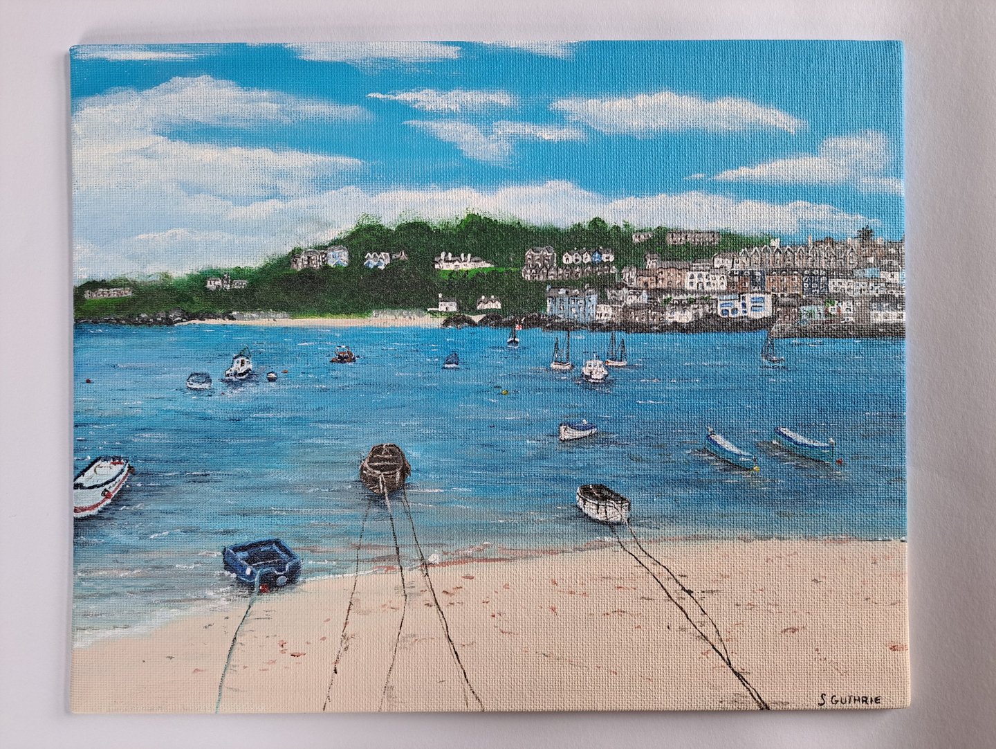 Acrylic on canvas board landscape painting of St Ives Harbor in Cornwall