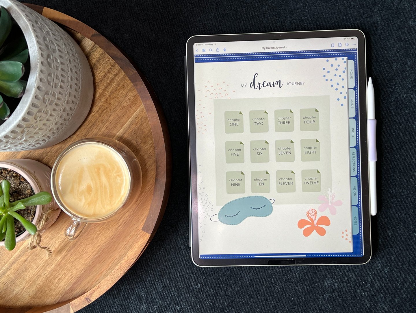 a tablet and a cup of coffee