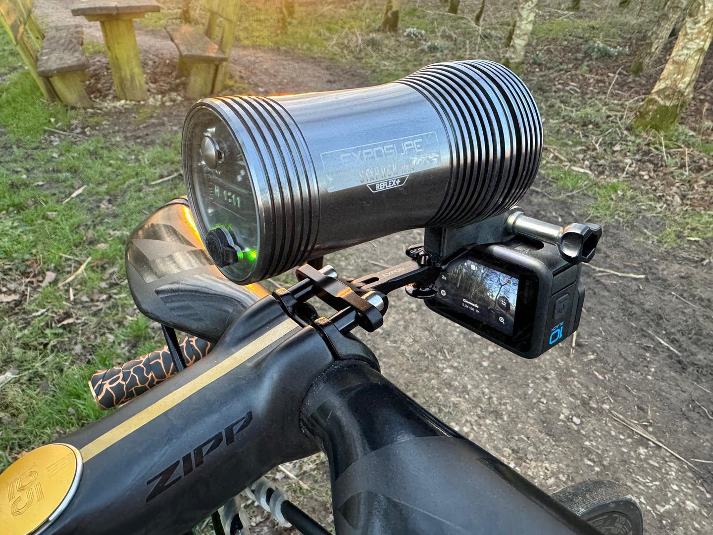 duo mount with exposure light and gopro in woods