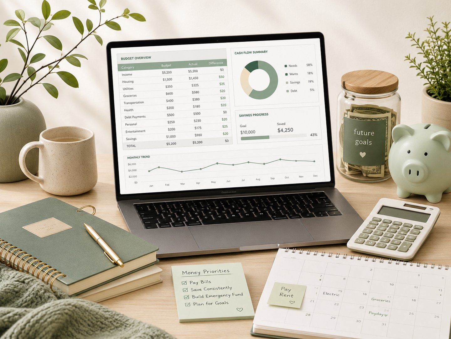 Laptop showing a budget spreadsheet dashboard on a calm desk with savings jar, piggy bank, calculato