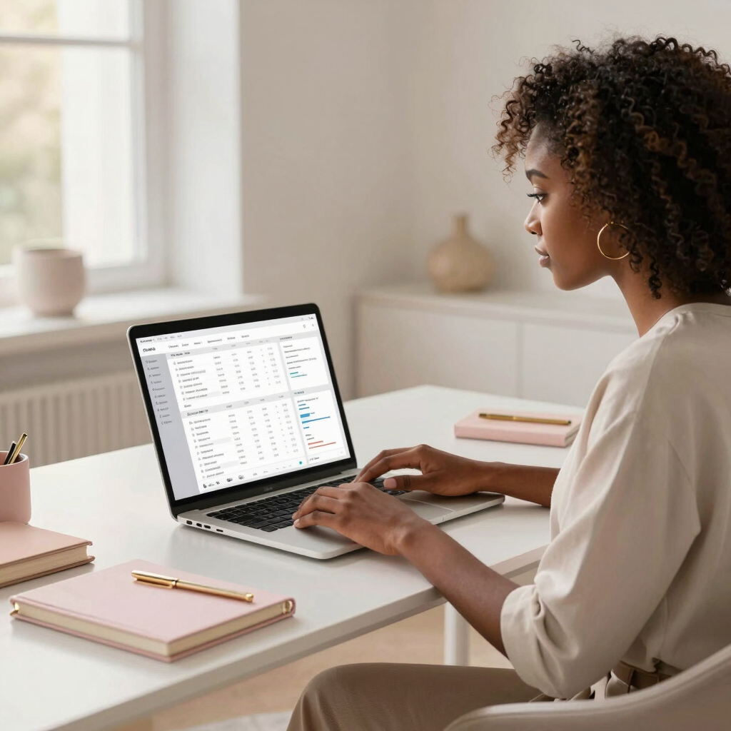 A serene workspace featuring a blush pink planner, gold pen, and a laptop with a soft beige background.