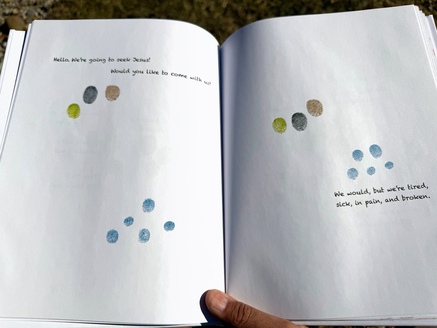 Interior of book titled SEEK with fingerprint characters having conversation