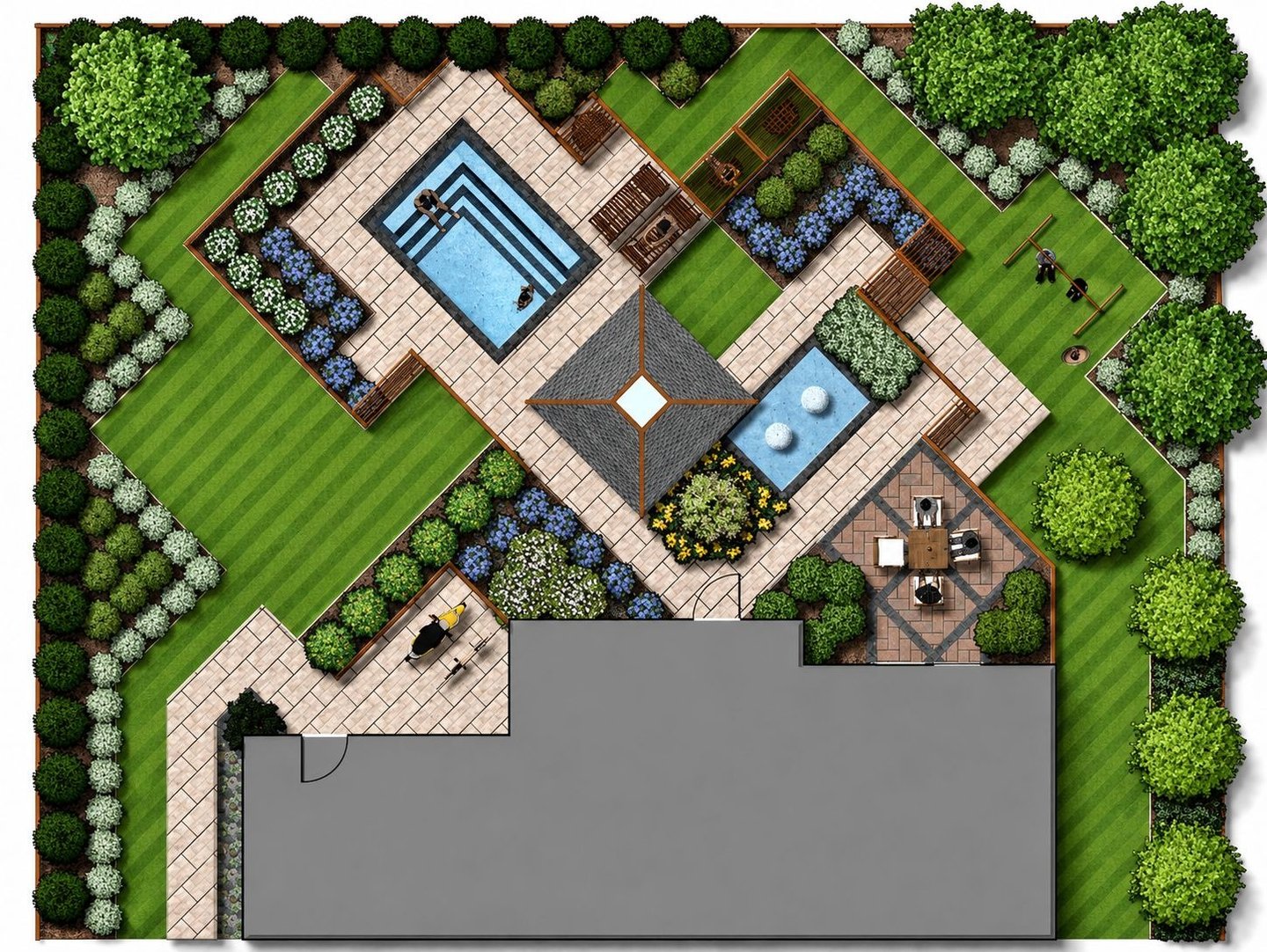 Aerial view of a modern Toronto backyard landscape design with swimming pool, stone patio, cabana, and garden planting