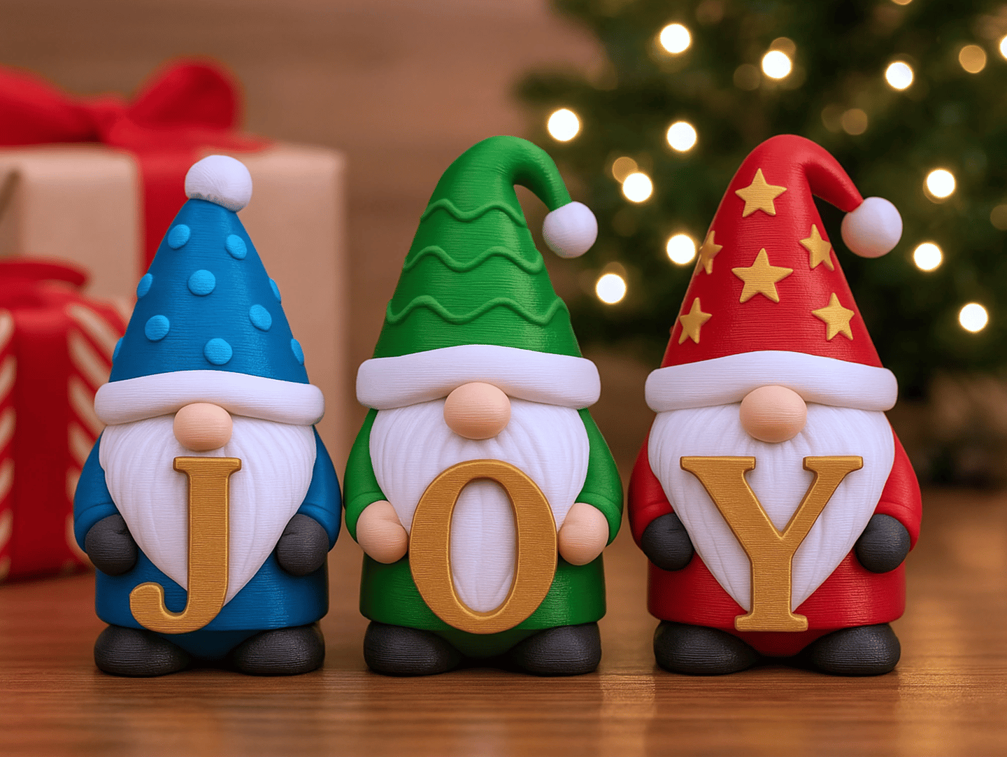 Colorful JOY gnomes in festive scene. 3D printed Christmas décor or holiday table display gift.