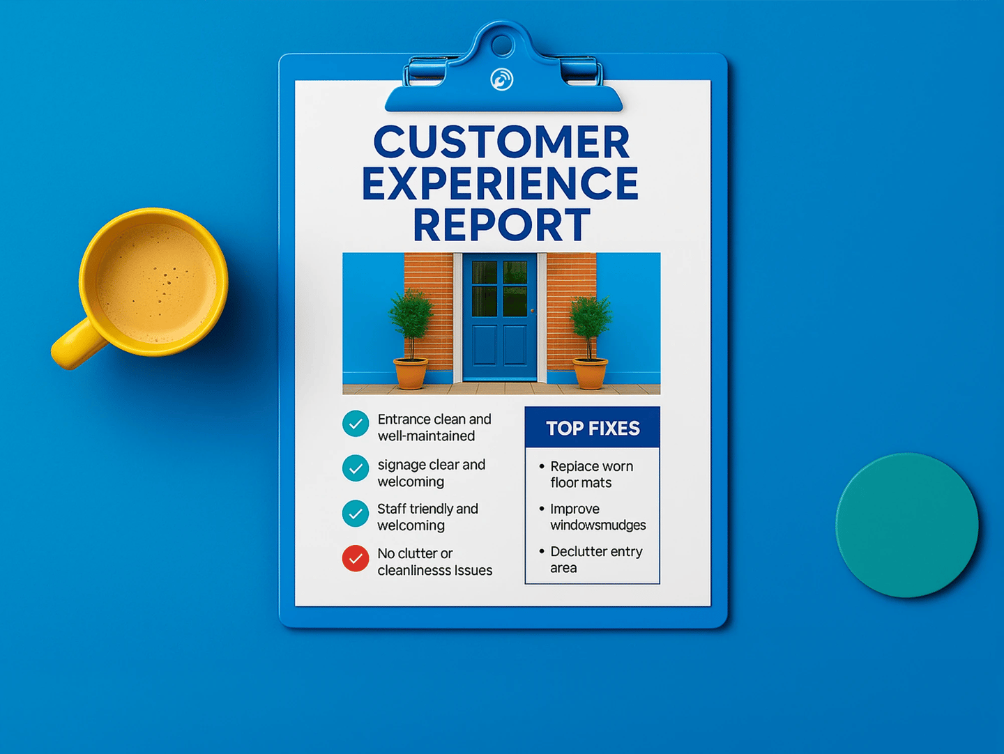  Customer Experience Inspection report on blue clipboard with checklist and improvement notes in a bright café setting.