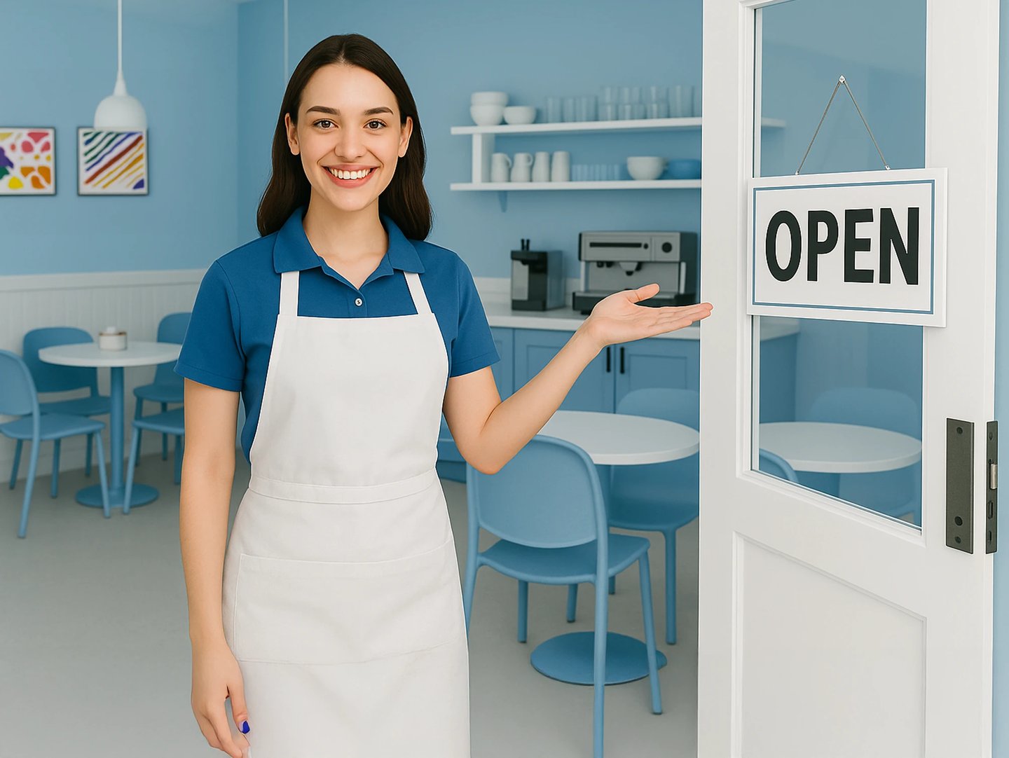  Smiling café employee in blue and white welcoming customers at bright modern coffee shop entrance.
