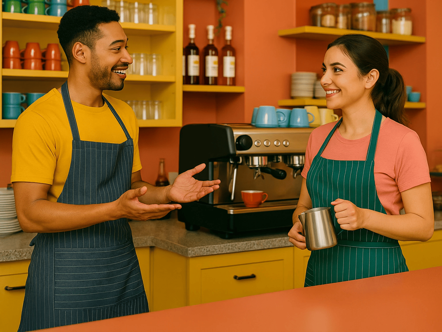  Baristas smiling and talking while preparing drinks behind a colorful, modern café counter.