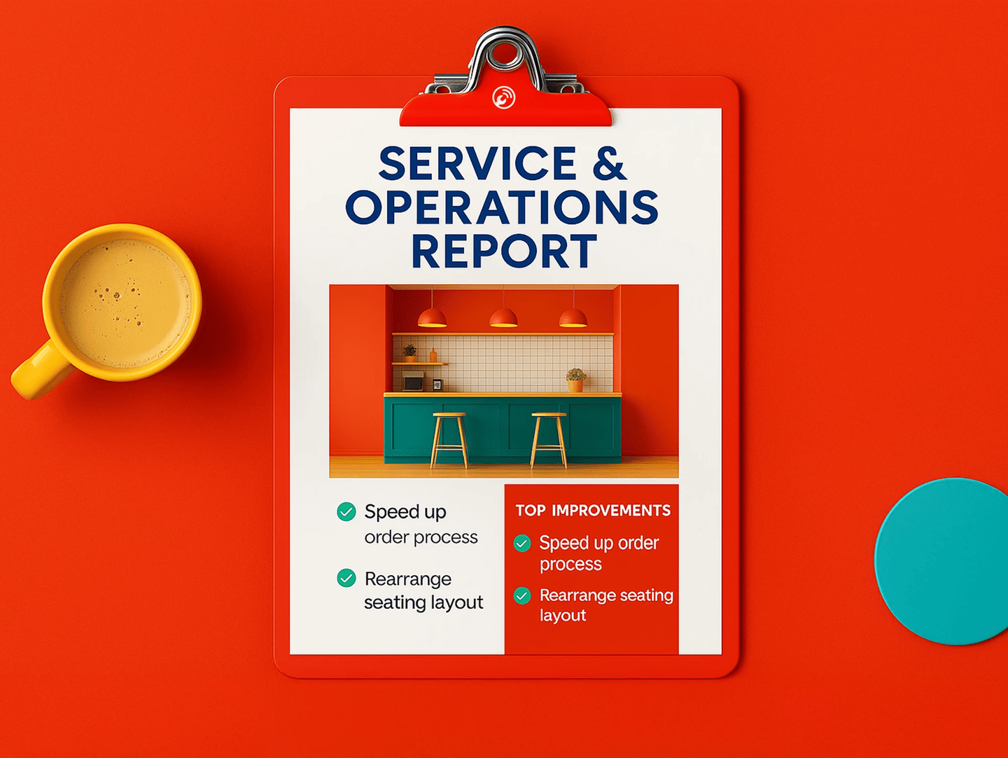  Service and Operations Inspection report on red clipboard with service improvement notes and vibrant workspace visual.