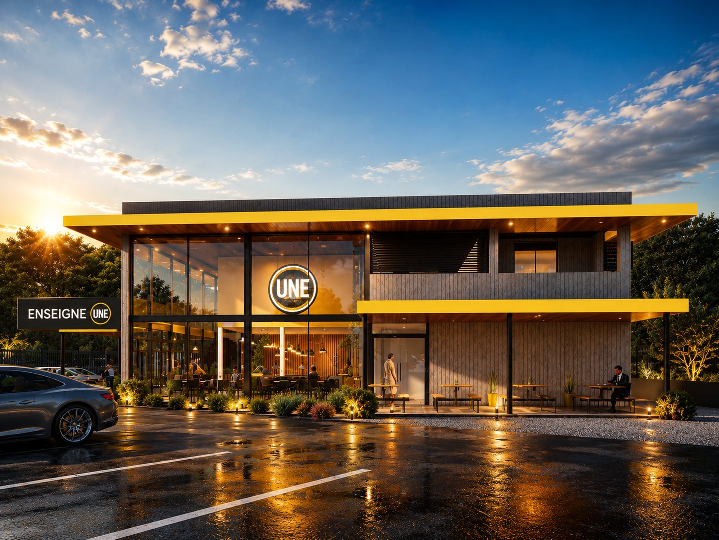 Modern UNE restaurant building with glass facade and yellow accents at sunset.