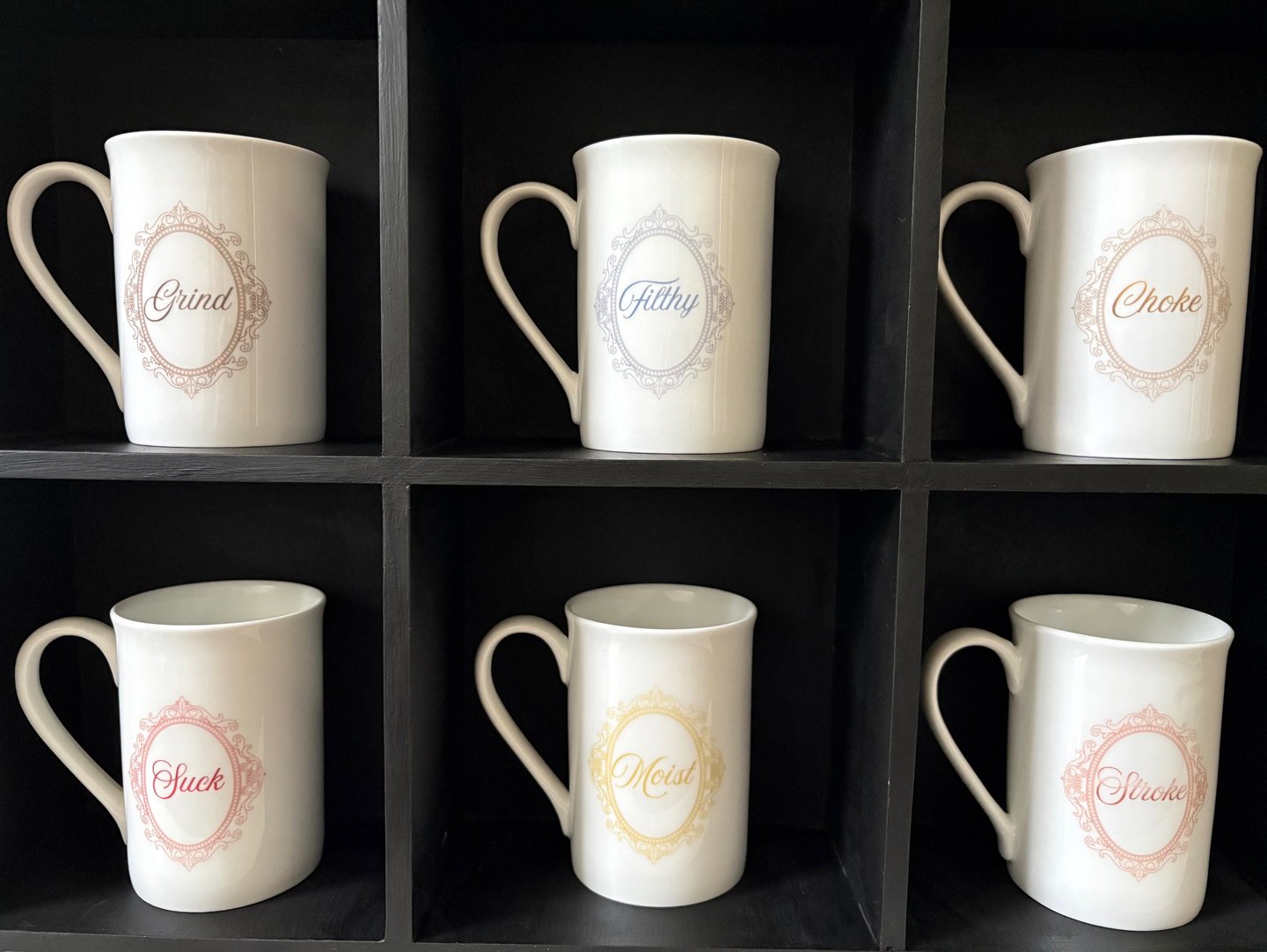 Six white bone china mugs featuring provocative words in elegant vintage frames on a black shelf.