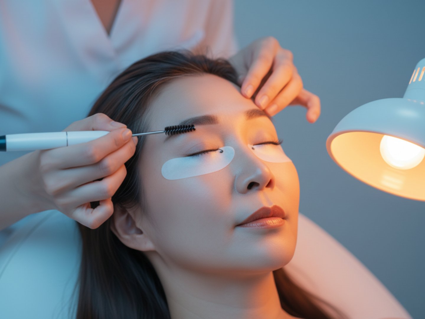 Professional beautician performing a lash lift and brow grooming treatment on a woman in a spa.