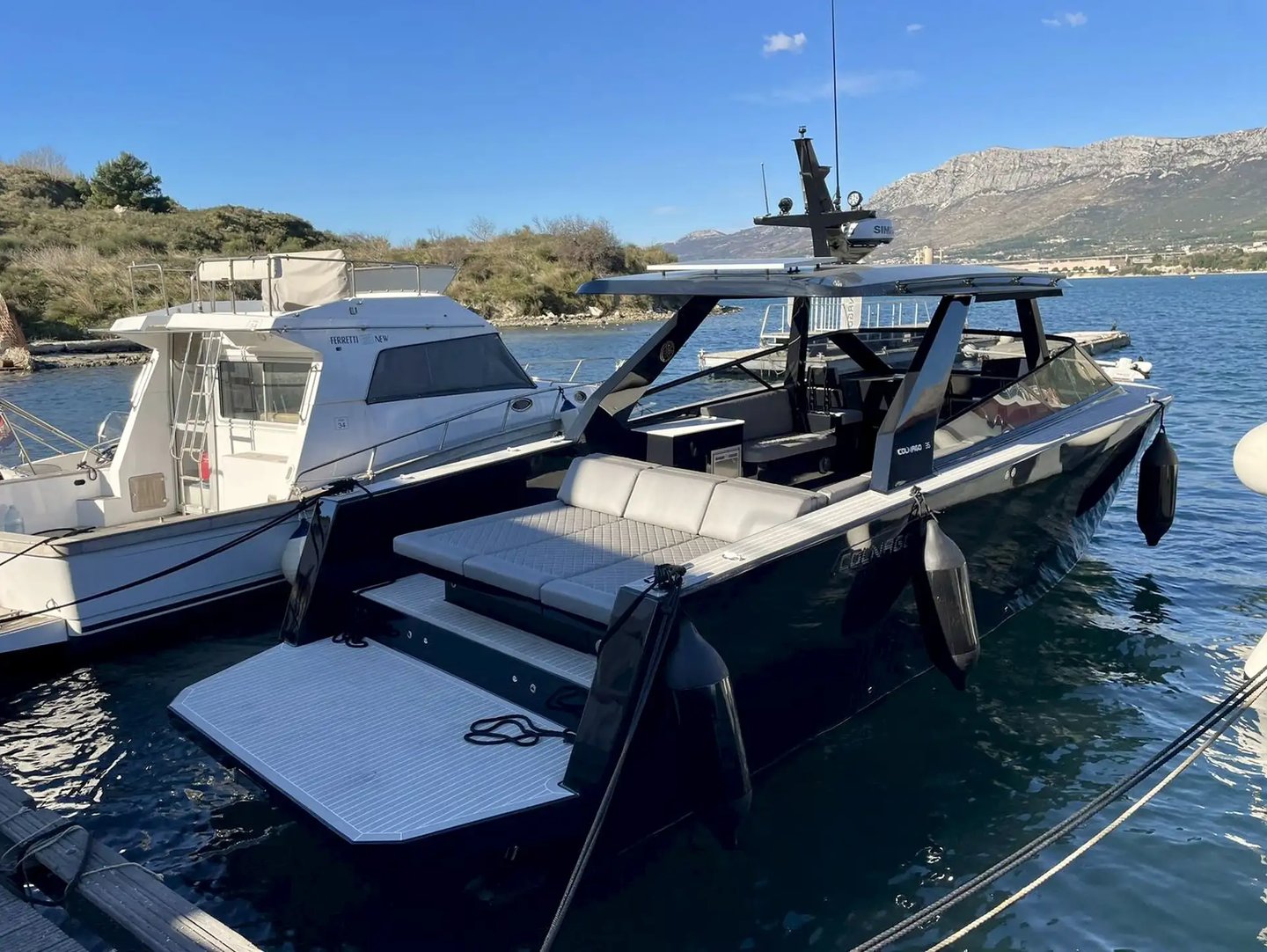 Colnago 35 luxury motor yacht docked in the harbor of Split ready for private Adriatic boat tours