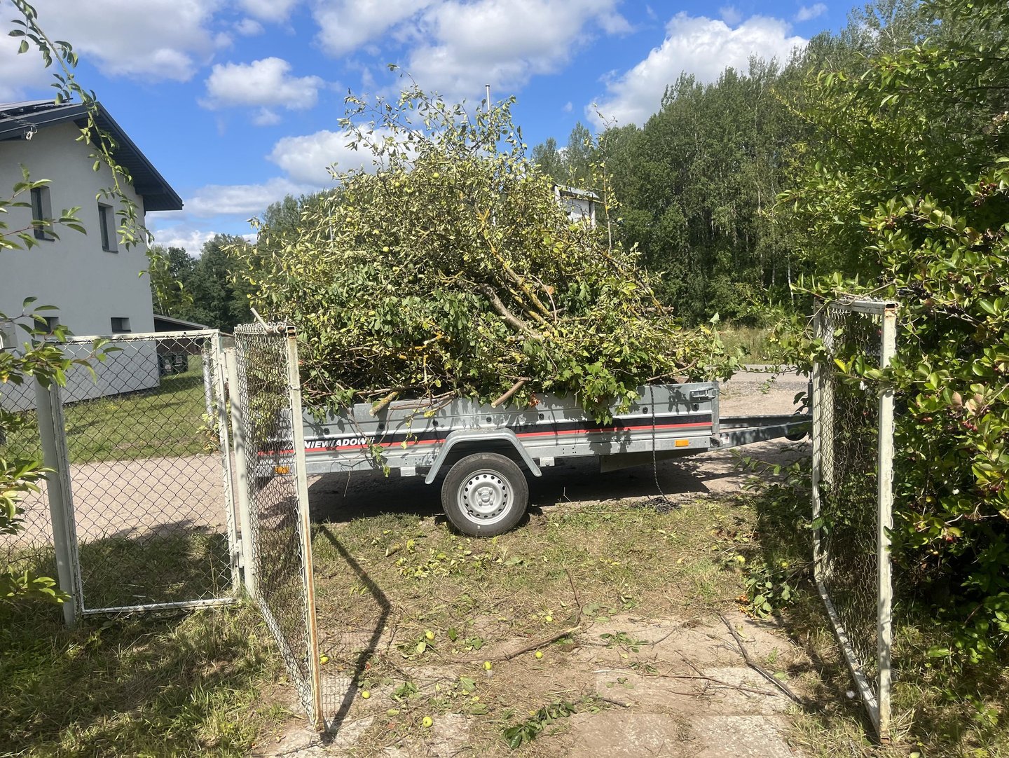 žaliujų atliekų išvežimui paruošta priekaba