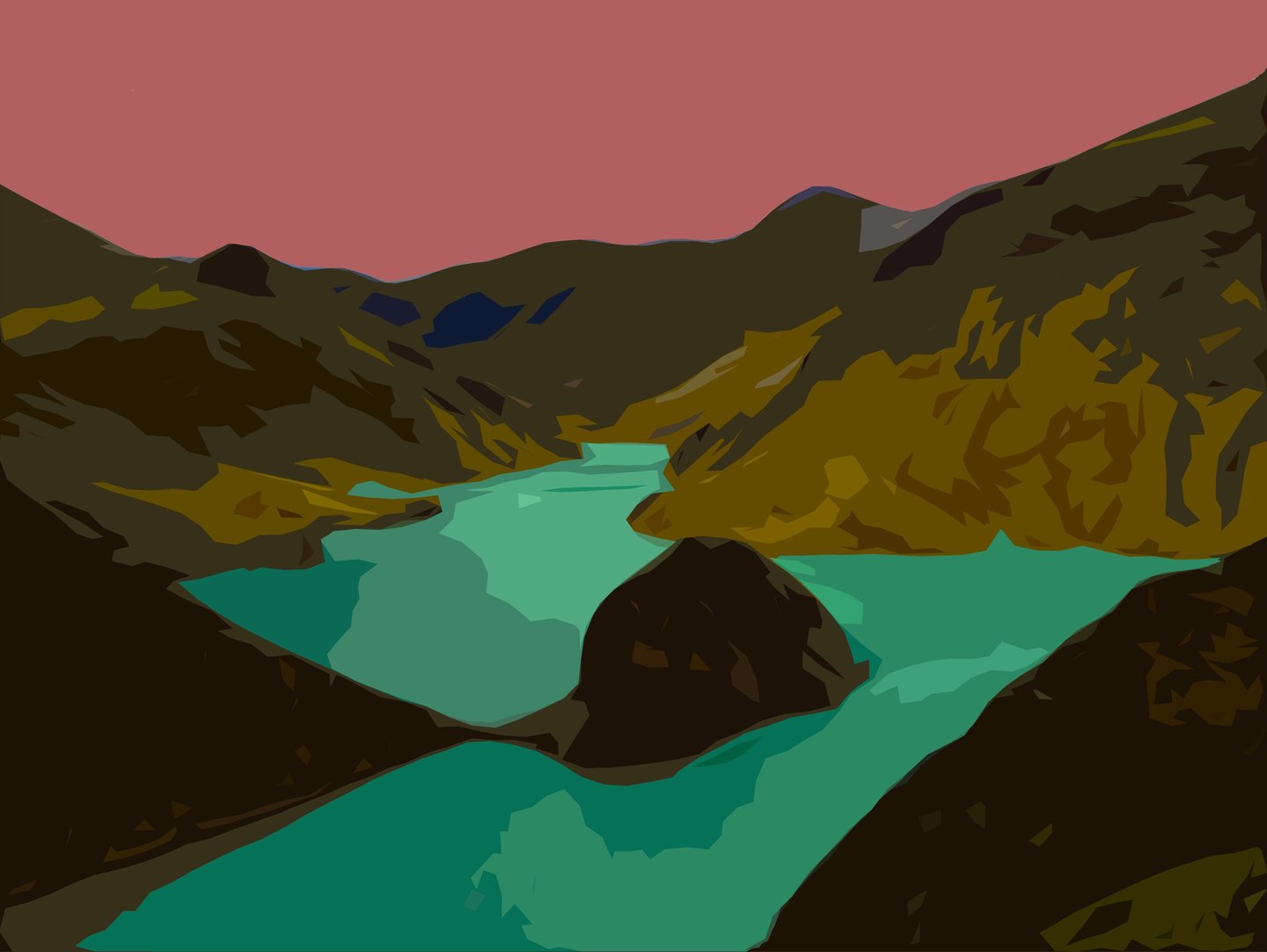 a painting of a mountain scene with a river