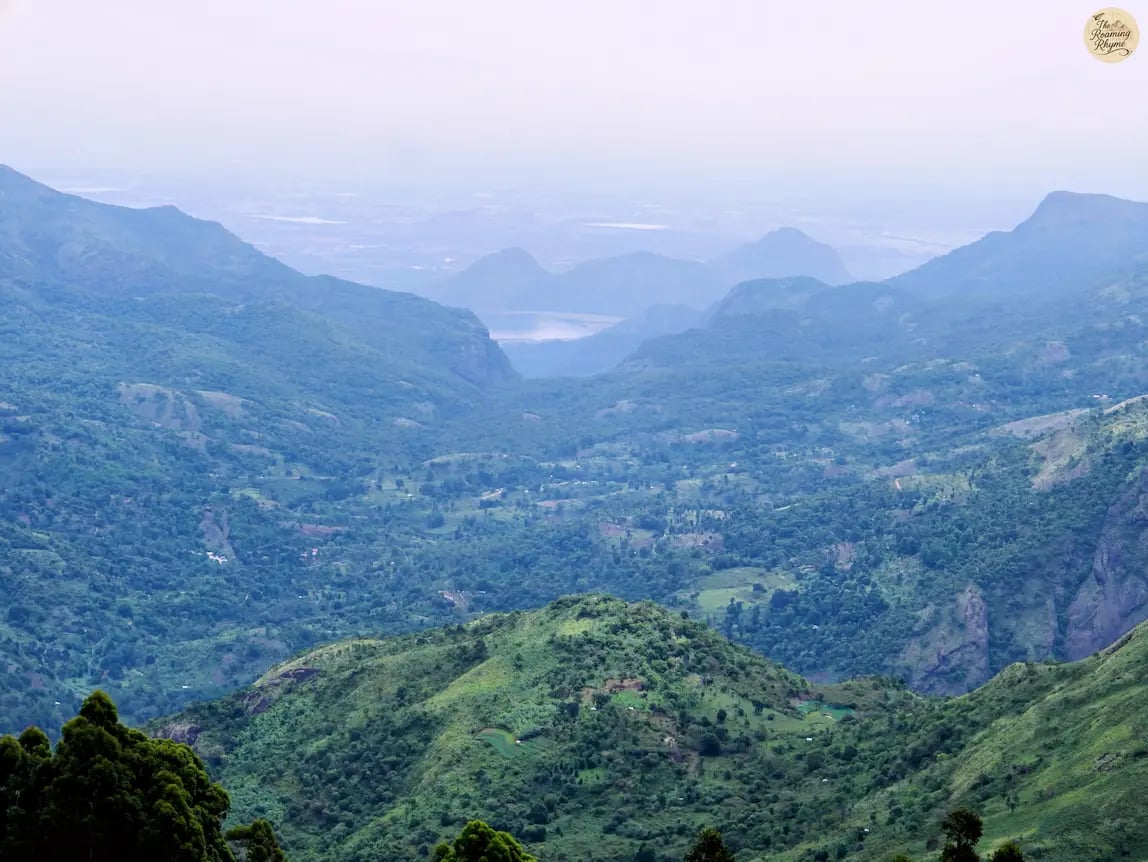 Panoramic view of hills and valleys from Palani Temple Viewpoint, Kodaikanal.