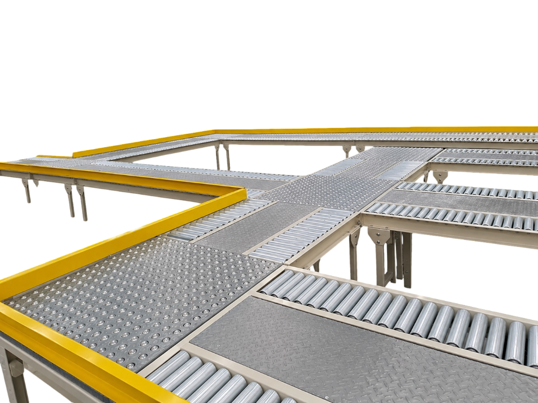 Conjunto de sistemas transportadores diseñados para el traslado continuo de productos en líneas indu