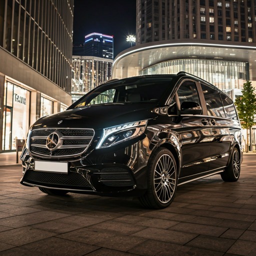 Black Mercedes-Benz V-Class luxury passenger van parked on a city street at night with glowing city lights.