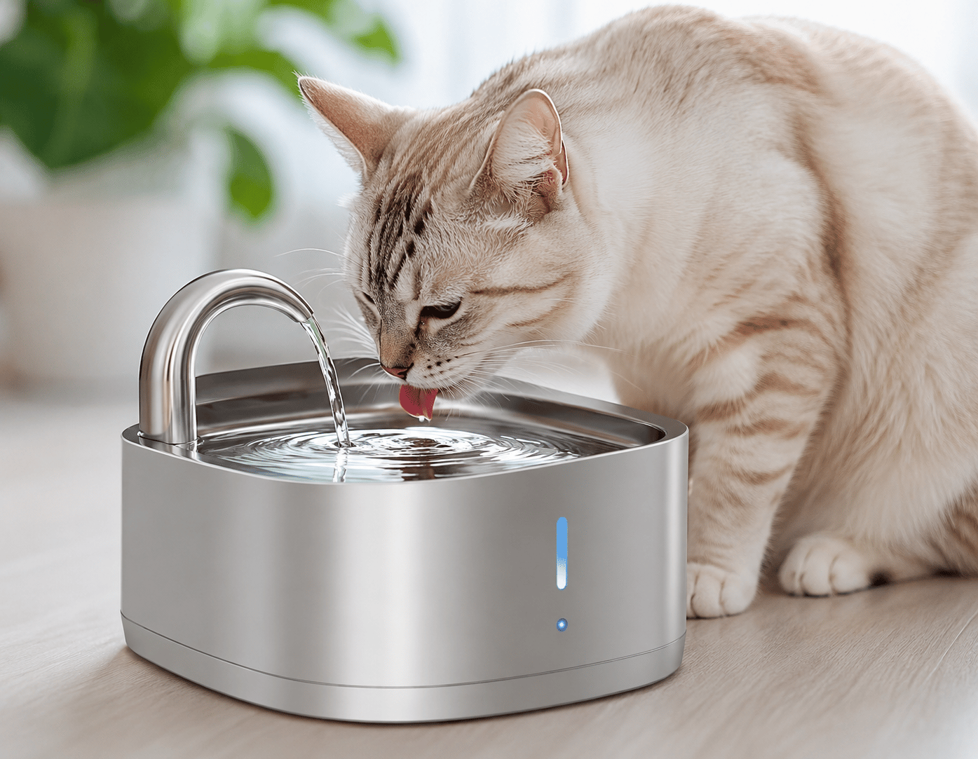 Cat drinking fresh filtered water from a smart stainless steel pet fountain that promotes healthy hydration.