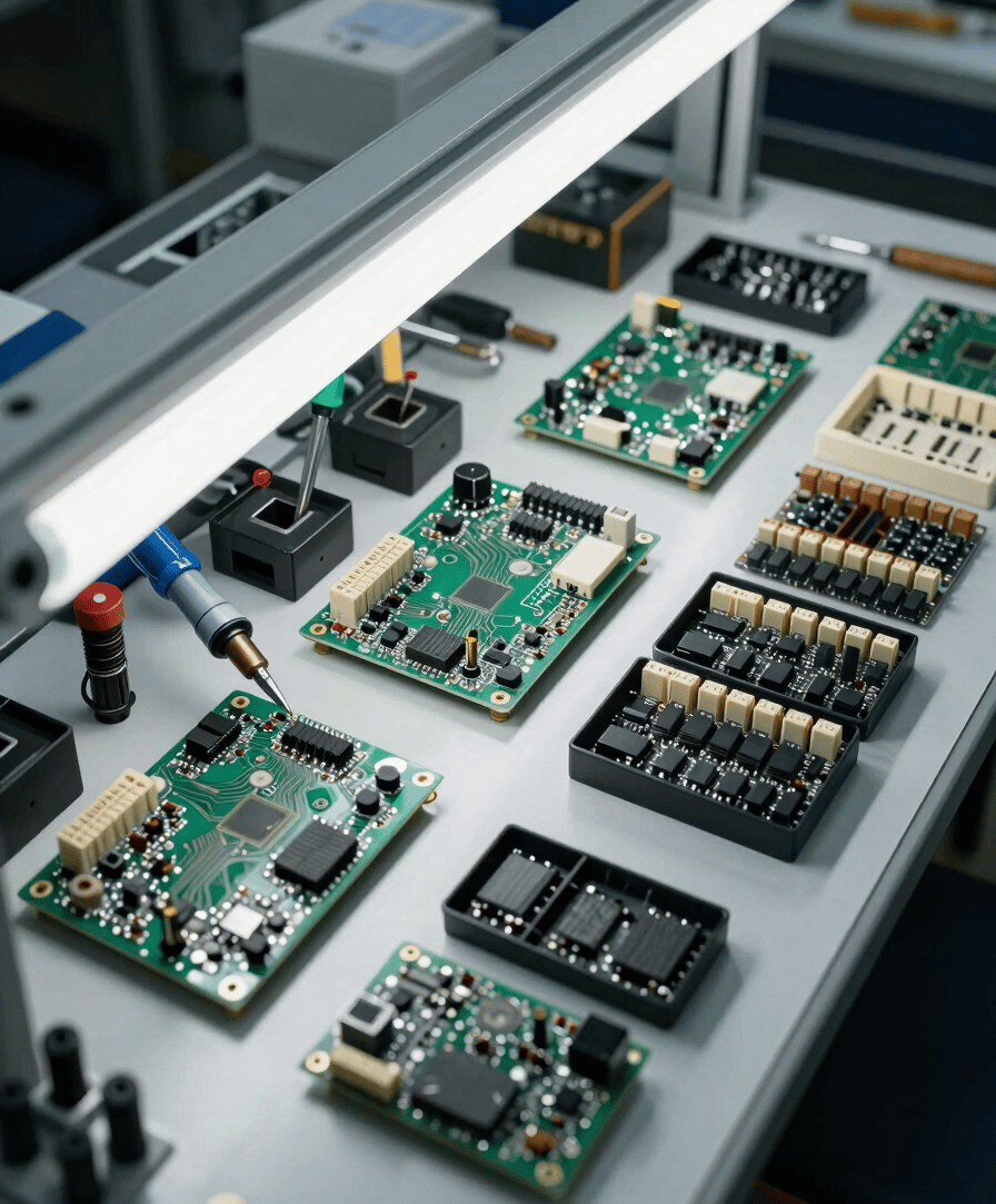 Close overhead shot of a PCB assembly station, circuit boards mid-production under bright north-facing overhead light, organized component trays visible in frame right, soldering tools at left, no workers present