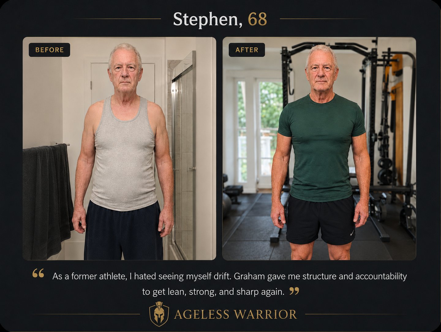 68-year-old former athlete before and after fitness transformation, showing him slightly overweight 