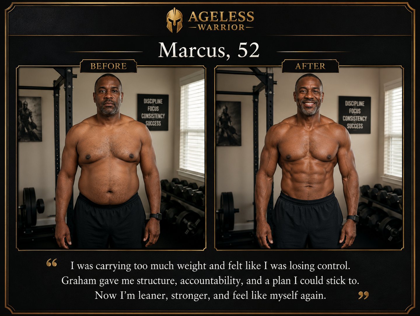 52-year-old man before and after body transformation in a home gym through Ageless Warrior coaching