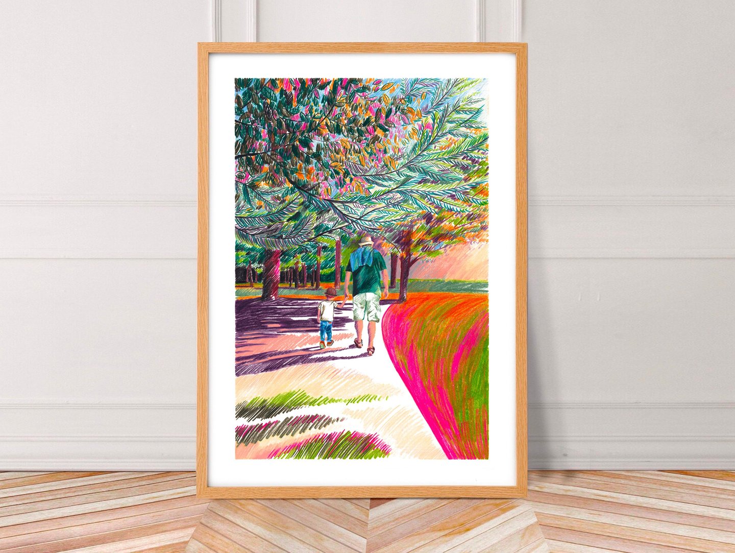 a painting of a man and a woman walking down a path