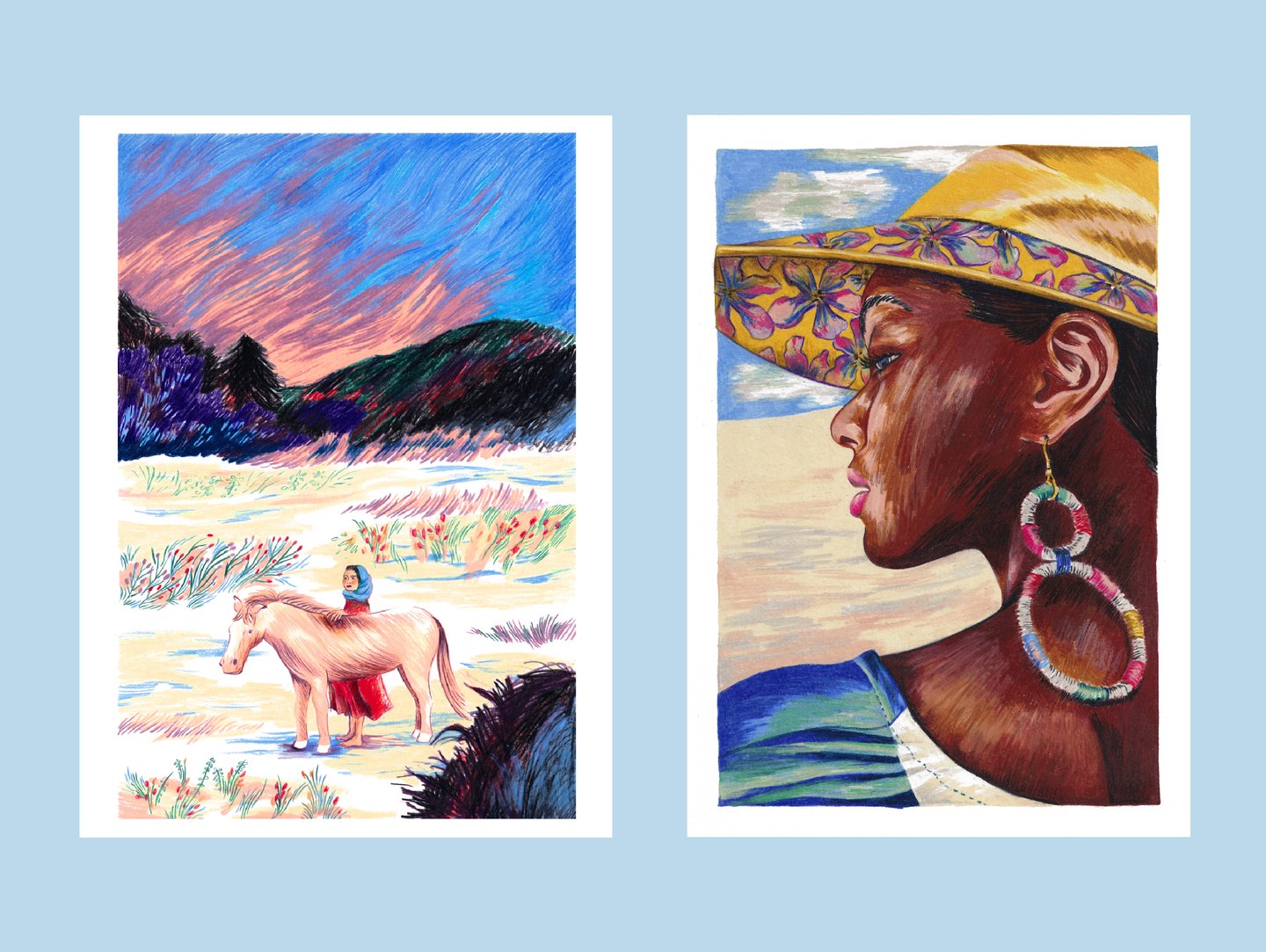 two paintings of a woman in a straw hat