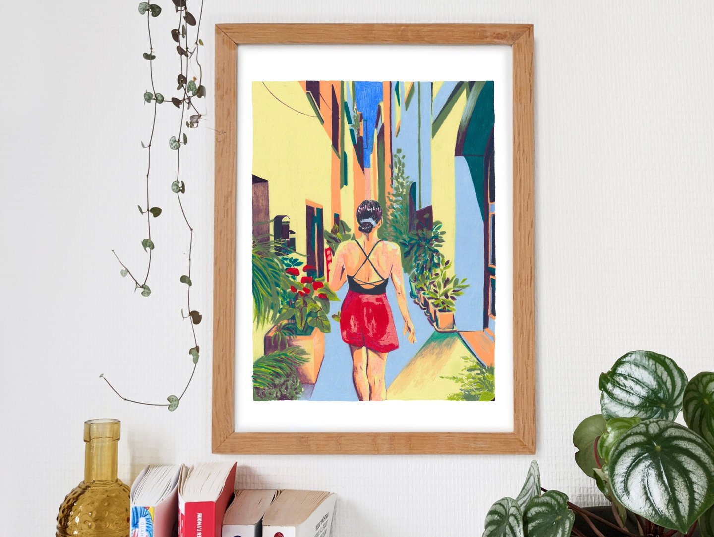 a woman in a red bikinisuit is walking down the street