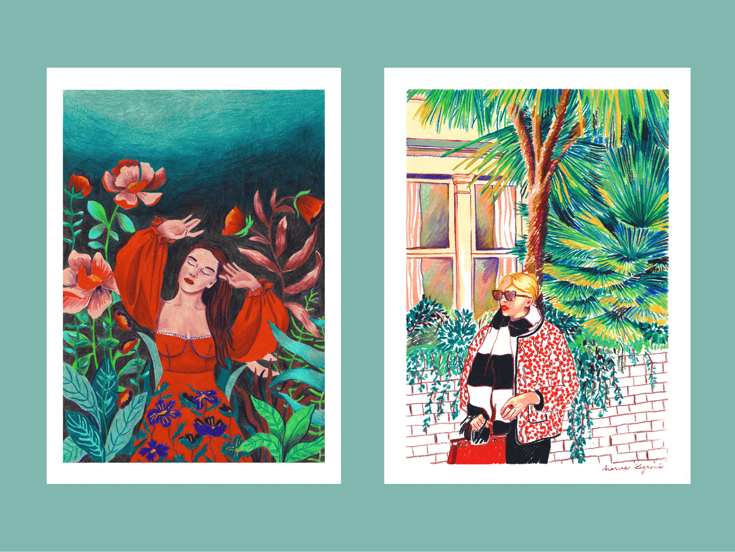 two paintings of a woman in a red dress