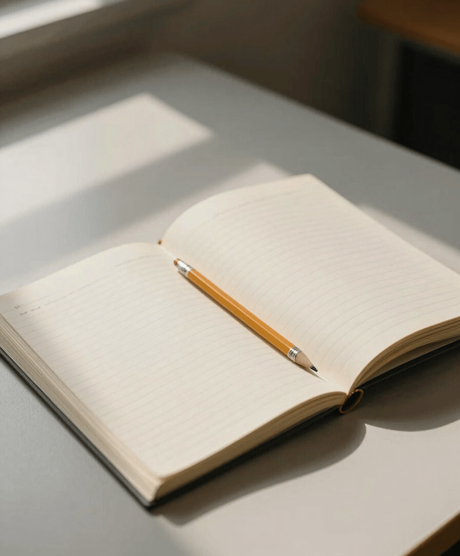 Wide shot of a tidy educator's desk from above-left, open textbook and ruled notebook side by side, a pencil resting across the page, soft north-facing daylight from a nearby window casting gentle shadows, warm neutral tones, no people