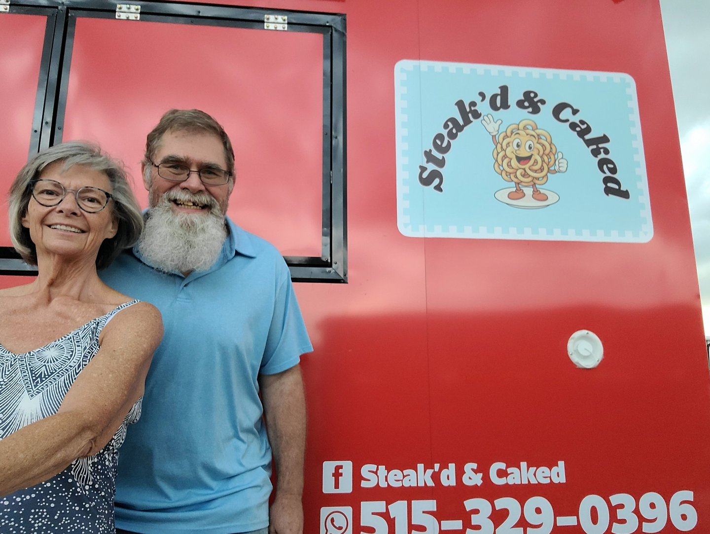 This is an image of Cindy and Rodney Niemier who are the current owners of Steak'd & Caked mobile food trailer