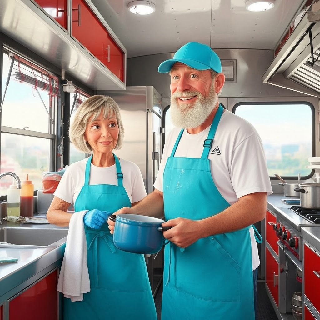 Cindy and Rodney Niemier wearing aprons