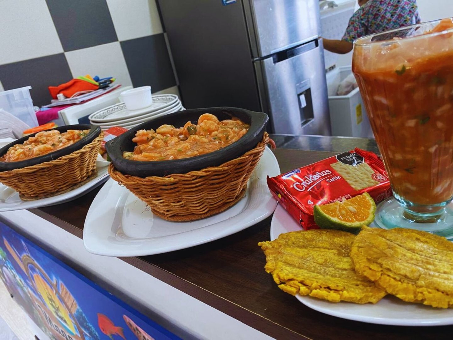 Cazuela de Camaron, cevique , restaurante Magangue Altavista, Quimbaya Quindio