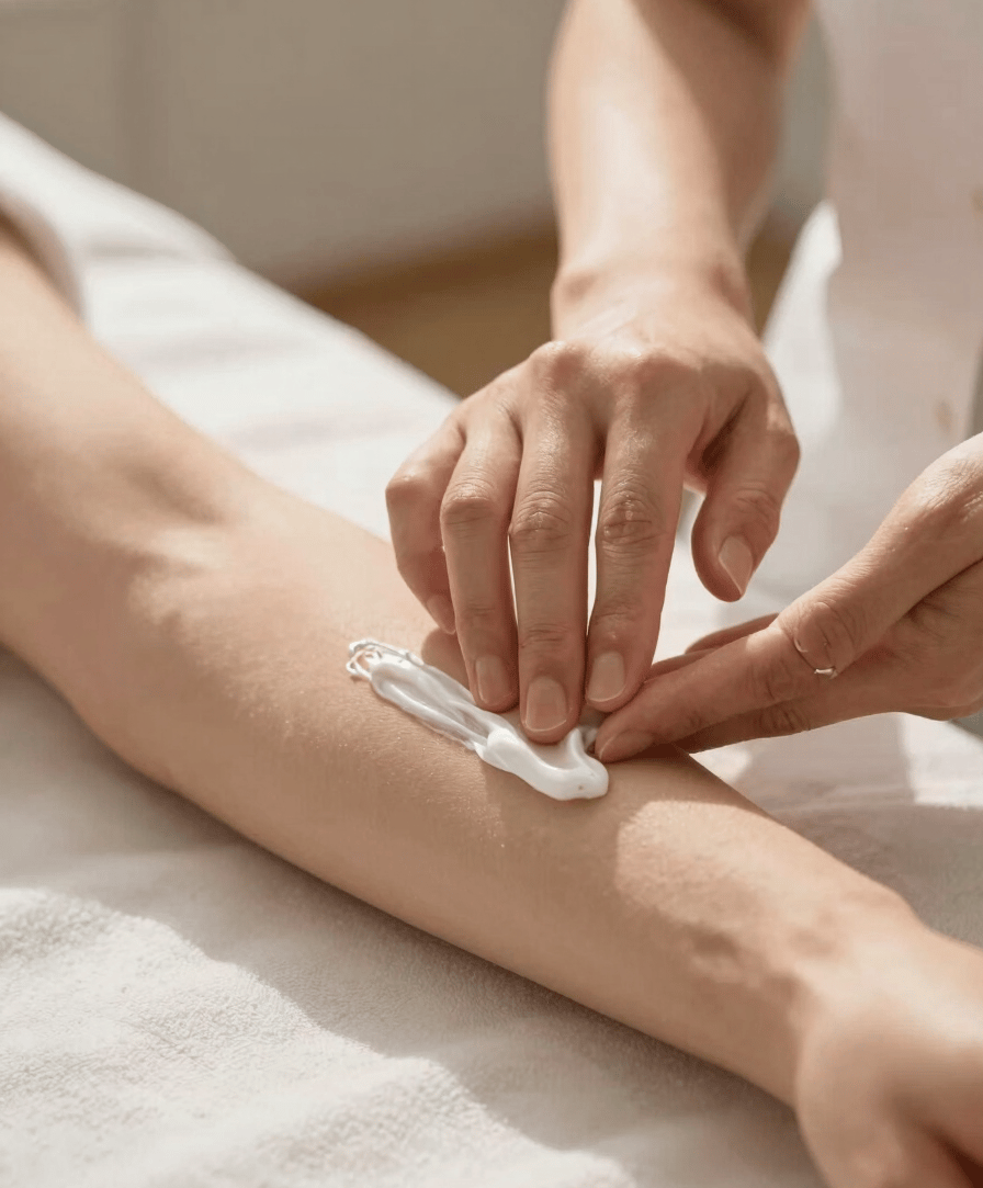 Close-up of aesthetician's hands gently applying cream to a client's forearm on a treatment table, soft north-facing daylight from the left, warm cream tones, intimate framing, no faces visible