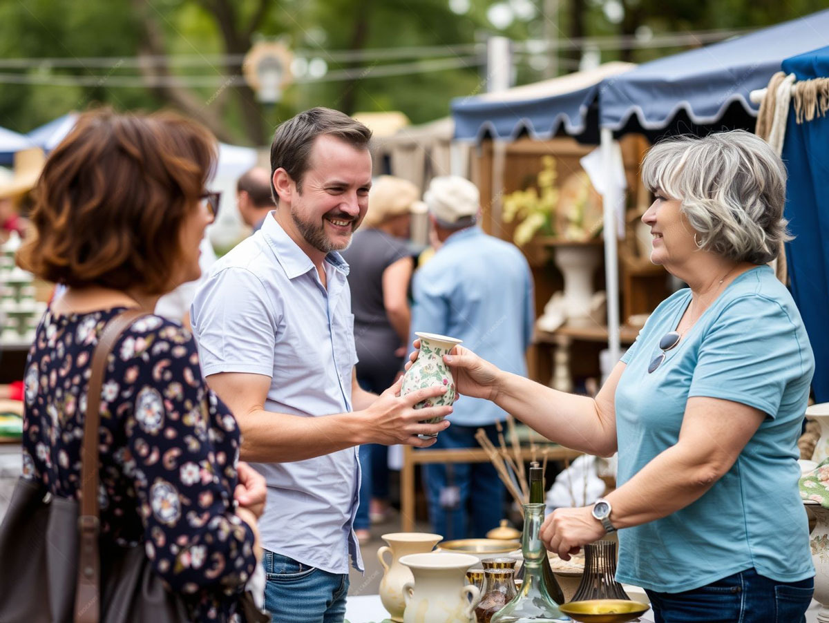 Sur une brocante vide-greniers un coupe achète heureux, un vase sur un stand.