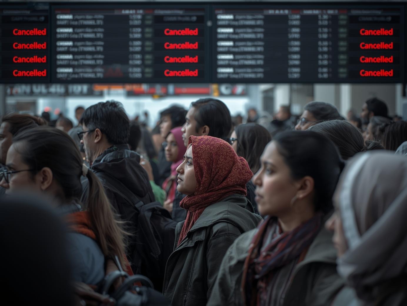 A crowd of passengers at Karachi's Jinnah International Airport anxiously looking at a flight inform